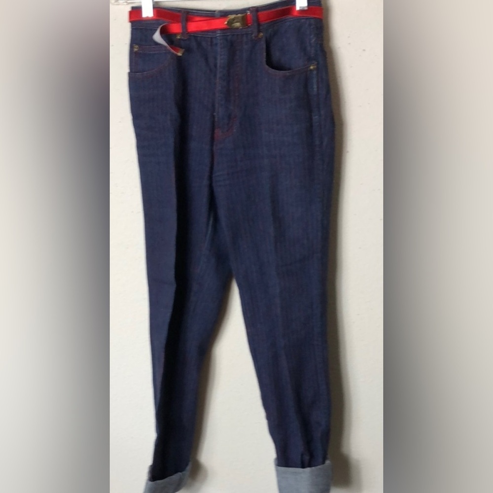 VTG 80s Bonjour Jeans, Navy -red pinstripes High Waisted 7/8 cuffs roll down